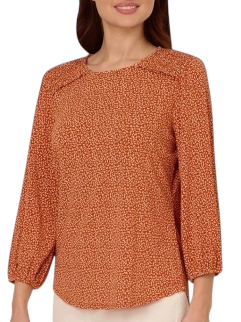 NWT ADRIANNA PAPELL Burnt Orange Printed 3/4 Sleeve Keyhole Blouse Size Large